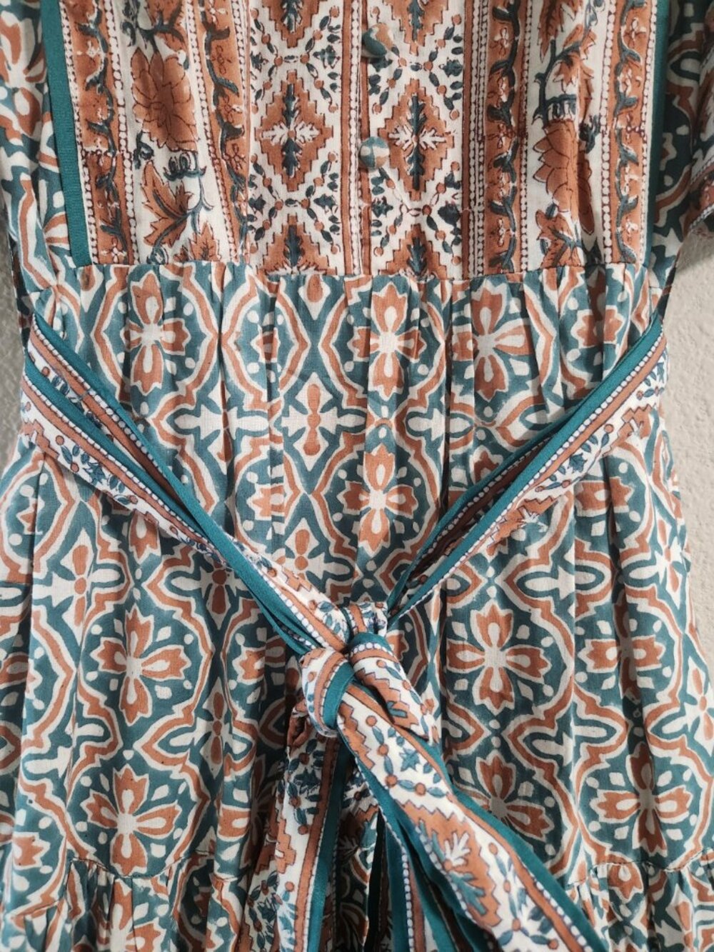 Sue Sartor Anthropologie Hamilton Kaftan Maxi Dress Tiered Flouncy Belt Size XS - Picture 5 of 10